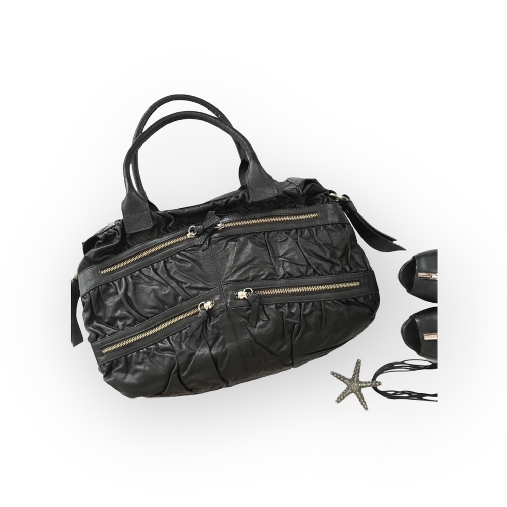 new Maria Bonita Extra ༄ Zip Pockets Leather Travel Bag ༄ Black Metallic Sheen - Picture 13 of 16